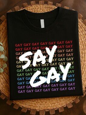 Say Gay Shirt, Bold LGBTQ Pride Tee with Rainbow Typography